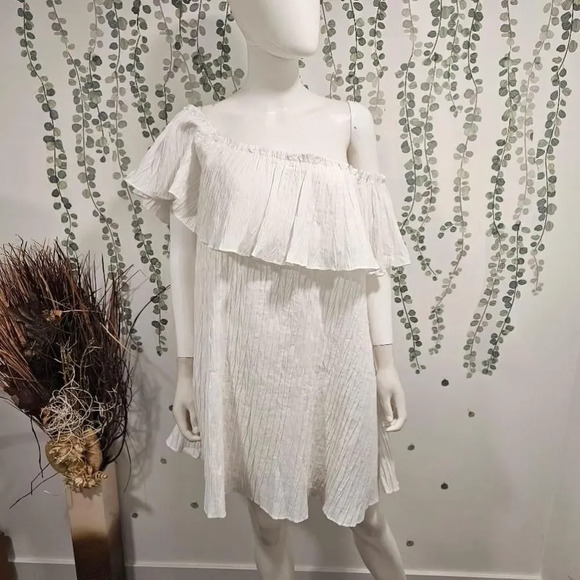 Zara White Off Shoulder Ruffle Pleated Dress Size XL - Picture 3 of 9